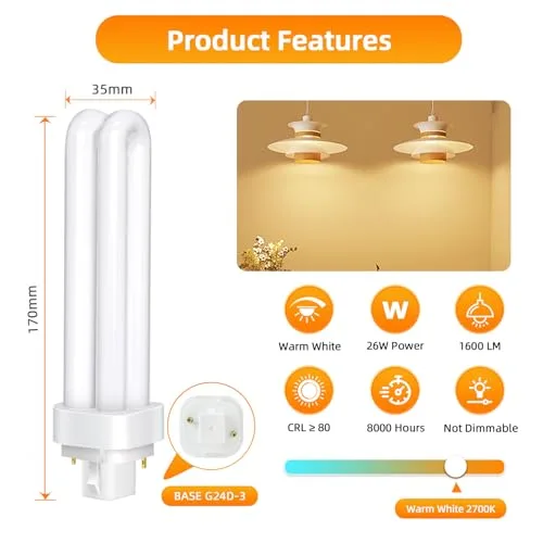 Liuyife ▫️ Conjunto de 5 lâmpadas G24d-3, 2 pinos PLC, tubo de 26 W, branco quente 2700 K, 1600 LM, tubo de dupla espiral 2U, lâmpada fluorescente de baixo consumo e alta eficiência, adequada para cozinha, quarto e sala de jantar 3
