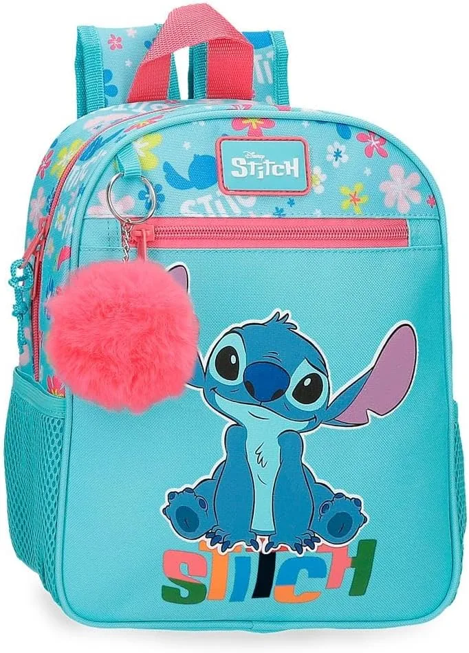 Disney ▫️ Mochila escolar infantil Joumma Aloha Stitch, fabricada em poliéster, com alças largas e ajustáveis que se adaptam ao corpo e um bolso frontal.