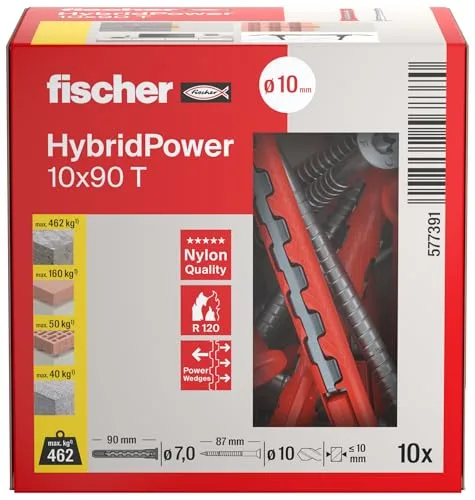 fischer ▫️ HybridPower 10 x 90 T, buchas para máxima capacidade de carga e segurança, fácil montagem sem ferramentas, universais para materiais perfurados e sólidos, alvenaria, betão 2