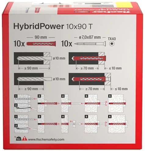 fischer ▫️ HybridPower 10 x 90 T, buchas para máxima capacidade de carga e segurança, fácil montagem sem ferramentas, universais para materiais perfurados e sólidos, alvenaria, betão 3