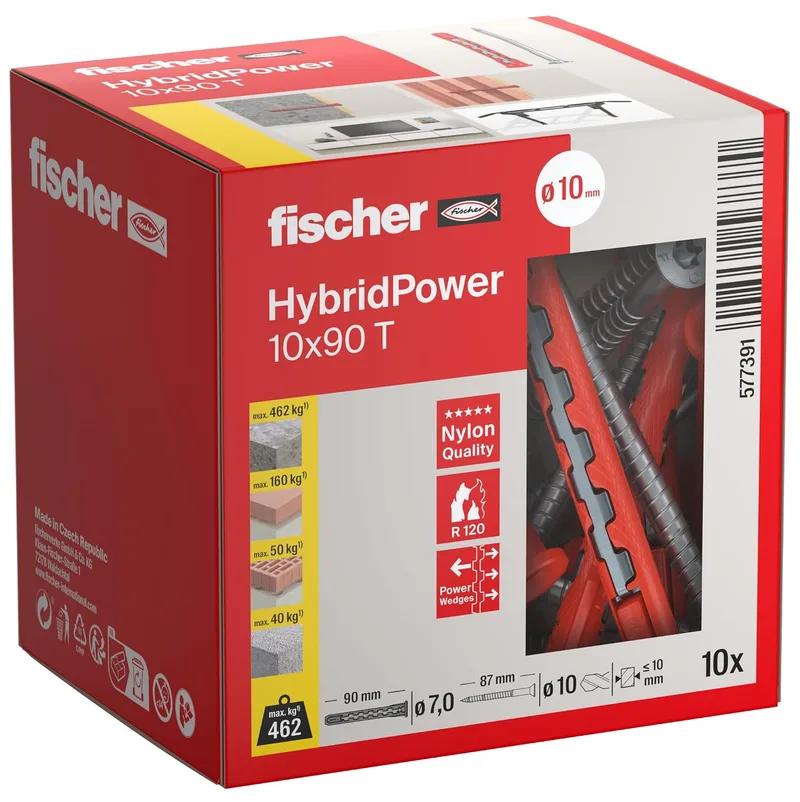 fischer ▫️ HybridPower 10 x 90 T, buchas para máxima capacidade de carga e segurança, fácil montagem sem ferramentas, universais para materiais perfurados e sólidos, alvenaria, betão