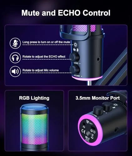 ONIKUMA GAMING ▫️ Kit de microfone USB para jogos com braço articulado, microfone condensador RGB com cancelamento de ruído, regulação da reverberação e botão de silenciamento, monitorização para transmissão, podcasting e Discord 5