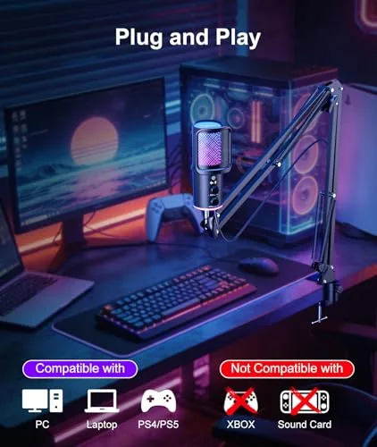 ONIKUMA GAMING ▫️ Kit de microfone USB para jogos com braço articulado, microfone condensador RGB com cancelamento de ruído, regulação da reverberação e botão de silenciamento, monitorização para transmissão, podcasting e Discord 6