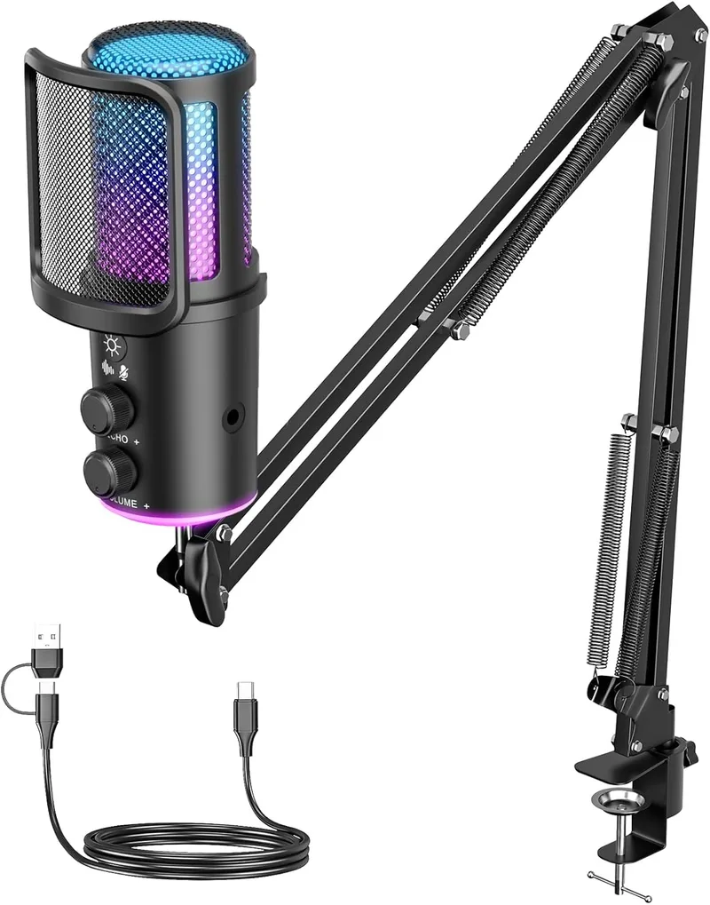 ONIKUMA GAMING ▫️ Kit de microfone USB para jogos com braço articulado, microfone condensador RGB com cancelamento de ruído, regulação da reverberação e botão de silenciamento, monitorização para transmissão, podcasting e Discord