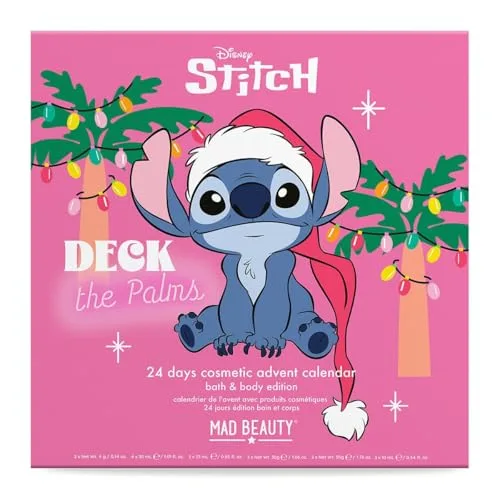MAD Beauty ▫️ Calendário do Advento da Disney STITCH com 24 produtos de beleza, calendário do Advento para mulheres e meninas com máscara, loção corporal, elástico para o cabelo, lima de unhas, calendário 2