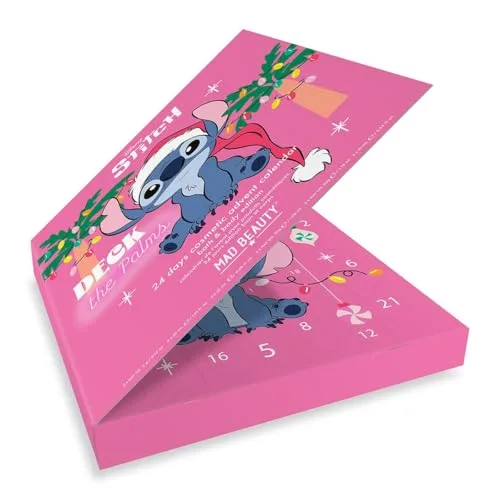 MAD Beauty ▫️ Calendário do Advento da Disney STITCH com 24 produtos de beleza, calendário do Advento para mulheres e meninas com máscara, loção corporal, elástico para o cabelo, lima de unhas, calendário 4