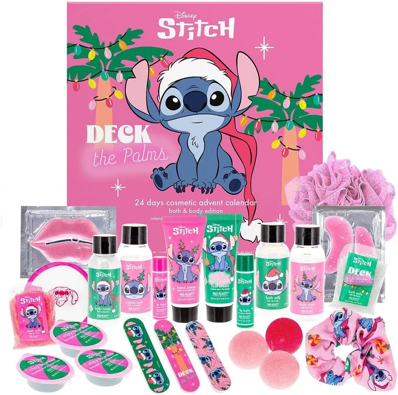 MAD Beauty ▫️ Calendário do Advento da Disney STITCH com 24 produtos de beleza, calendário do Advento para mulheres e meninas com máscara, loção corporal, elástico para o cabelo, lima de unhas, calendário