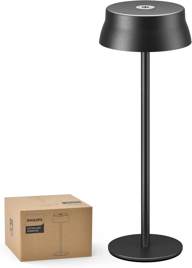 Philips ▫️ Candeeiro de mesa sem fios, candeeiro de secretária LED portátil para exterior, alimentado por bateria recarregável, 2 alturas ajustáveis, controlo tátil e 3 cores com regulação contínua da intensidade da luz, à prova de água