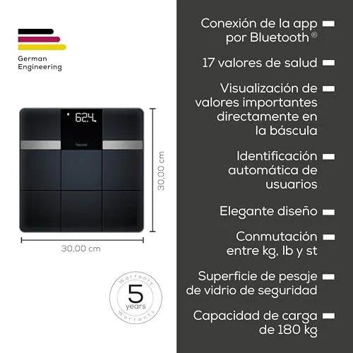 Beurer ▫️ BF 450 – balança pessoal com ligação à aplicação, balança digital de gordura corporal com 17 parâmetros de medição, superfície mate em mosaico, 8 memórias de utilizador, 180 kg 6