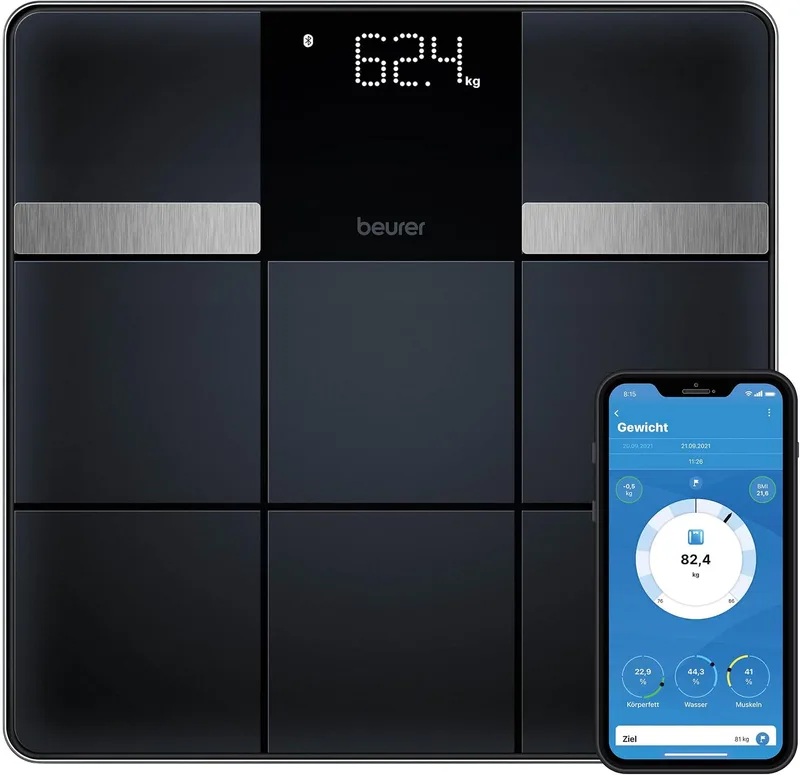 Beurer ▫️ BF 450 – balança pessoal com ligação à aplicação, balança digital de gordura corporal com 17 parâmetros de medição, superfície mate em mosaico, 8 memórias de utilizador, 180 kg