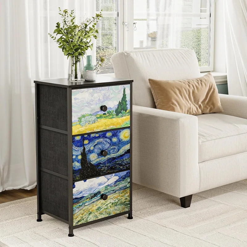 Welfuturer ▫️ Cómoda com 3 gavetas em tecido Van Gogh para toucador, armário de arrumação para quarto, armário de estilo industrial para corredor, sala de estar e quarto de criança