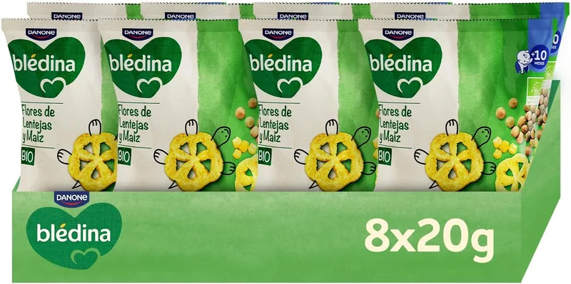 Blédina ▫️ Snacks BIO, Sacos de Snacks Saudáveis para crianças com sabor a Lentilhas e Milho. Sem Glúten, Sem Conservantes, Sem Corantes, Sem Sal, Sem Açúcares Adicionados. A partir dos 10 meses, Embalagem 8x20g