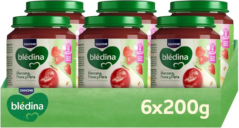 Blédina ▫️ Potes de Maçã, Morango e Pêra para Bebés. Potes com vitamina C e sem açúcares adicionados. Elevado teor de fibra e sem lactose. A partir dos 6 meses, embalagem de 6 x 200 g