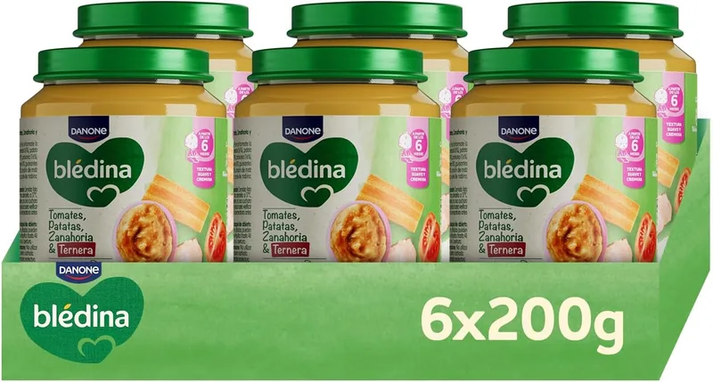 Blédina ▫️ Potinhos de tomate, batata, cenoura e carne de vaca para bebés. Potinhos sem sal, sem açúcares adicionados e sem glúten. A partir dos 6 meses, embalagem de 6 x 200 g