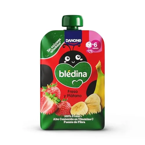 Blédina ▫️ Saquinhos de morango e banana para bebés. Saquinho com 100% de fruta, sem açúcares adicionados e com elevado teor de vitamina C, fonte de fibra. A partir dos 6 meses, embalagem de 6 x 100 g 2