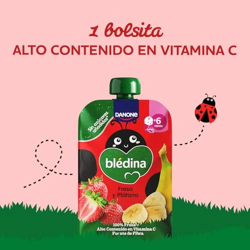 Blédina ▫️ Saquinhos de morango e banana para bebés. Saquinho com 100% de fruta, sem açúcares adicionados e com elevado teor de vitamina C, fonte de fibra. A partir dos 6 meses, embalagem de 6 x 100 g 4