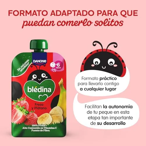 Blédina ▫️ Saquinhos de morango e banana para bebés. Saquinho com 100% de fruta, sem açúcares adicionados e com elevado teor de vitamina C, fonte de fibra. A partir dos 6 meses, embalagem de 6 x 100 g 7