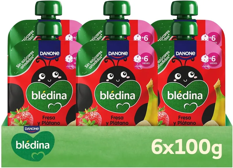 Blédina ▫️ Saquinhos de morango e banana para bebés. Saquinho com 100% de fruta, sem açúcares adicionados e com elevado teor de vitamina C, fonte de fibra. A partir dos 6 meses, embalagem de 6 x 100 g