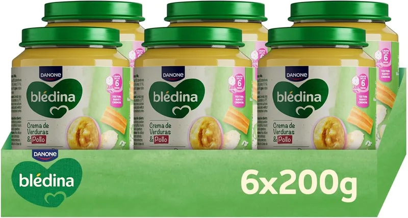 Blédina ▫️ Potes de Creme de Legumes e Frango para Bebés. Potes : fonte de ómega 3, sem sal nem açúcares adicionados e sem glúten. A partir dos 6 meses, embalagem de 6 x 200 g