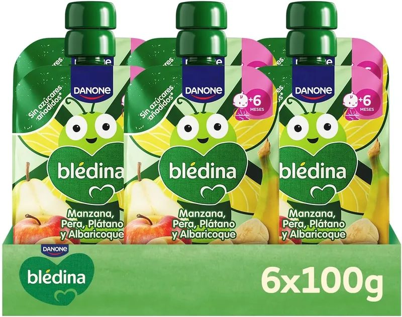 Blédina ▫️ Saquinhos de Maçã, Pêra, Banana e Alperce para bebés. Saquinhos com 100% de fruta, sem açúcares adicionados e com elevado teor de vitamina C, fonte de fibra. A partir dos 6 meses, embalagem de 6 x 100 g