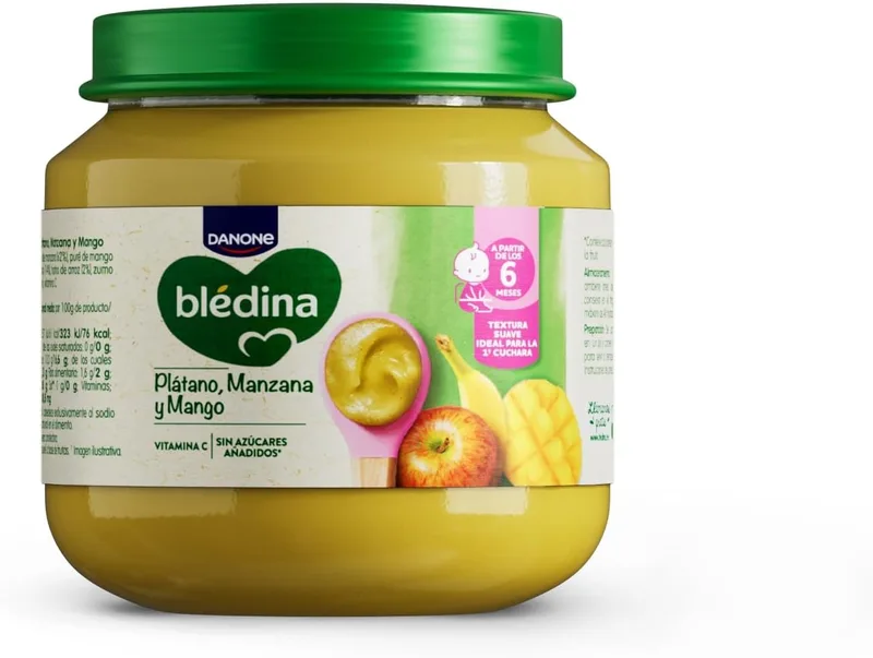 Blédina ▫️ Frascos para bebés Banana, Maçã e Manga. Snacks para bebé com Vitamina C e sem adição de açúcar. Alto teor de fibras e sem lactose. A partir dos 6 meses, embalagem 6x125g