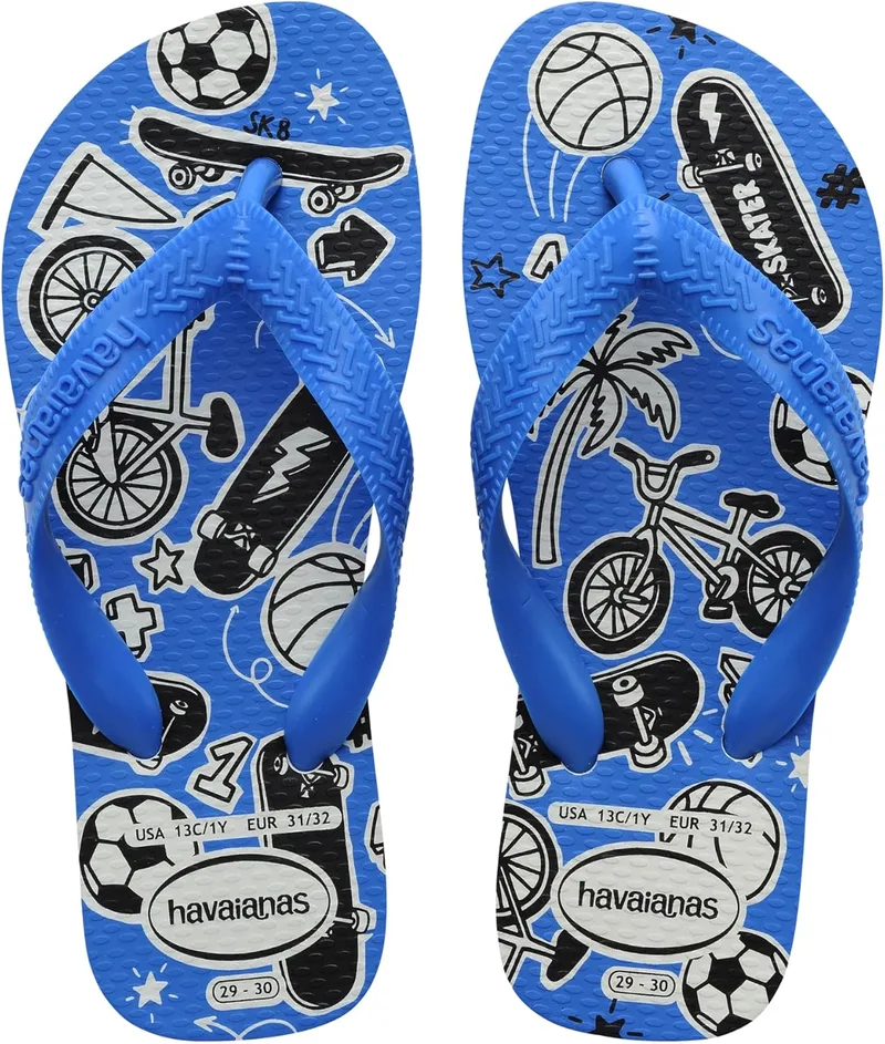 Havaianas ▫️ Kids Athletic, chinelos de dedo confortáveis e antiderrapantes para crianças, design desportivo com padrões de basquetebol e futebol, crianças