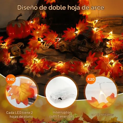 A.bigwhale ▫️ Guirlanda decorativa de outono, guirlandas com 20 luzes LED e temporizador, guirlanda de luzes com folhas luminosas, guirlanda de luzes a pilhas para festas, casamentos, Dia de Ação de Graças e decoração de Halloween 4