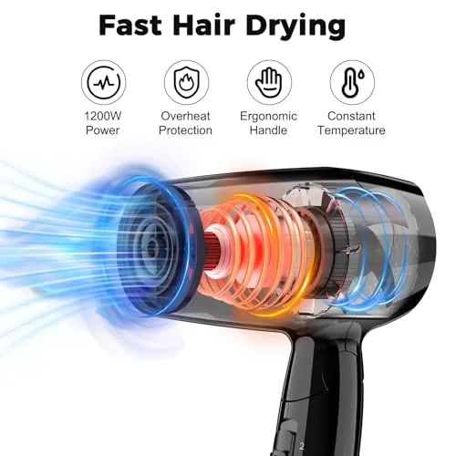 YASHE ▫️ Secador de cabelo dobrável 1200 W, compacto, com 2 níveis de calor e velocidade, bocal de precisão, cabo de 1,8 m, gancho para pendurar, leve, ideal para viagens, uso doméstico, hotéis ou residências, preto 2