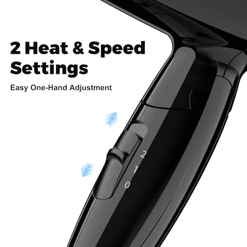 YASHE ▫️ Secador de cabelo dobrável 1200 W, compacto, com 2 níveis de calor e velocidade, bocal de precisão, cabo de 1,8 m, gancho para pendurar, leve, ideal para viagens, uso doméstico, hotéis ou residências, preto 3
