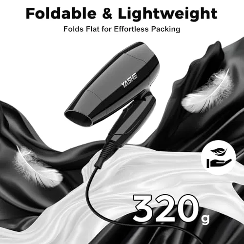 YASHE ▫️ Secador de cabelo dobrável 1200 W, compacto, com 2 níveis de calor e velocidade, bocal de precisão, cabo de 1,8 m, gancho para pendurar, leve, ideal para viagens, uso doméstico, hotéis ou residências, preto 4