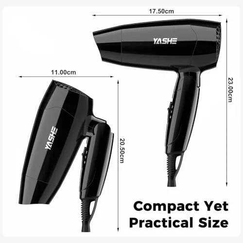 YASHE ▫️ Secador de cabelo dobrável 1200 W, compacto, com 2 níveis de calor e velocidade, bocal de precisão, cabo de 1,8 m, gancho para pendurar, leve, ideal para viagens, uso doméstico, hotéis ou residências, preto 6