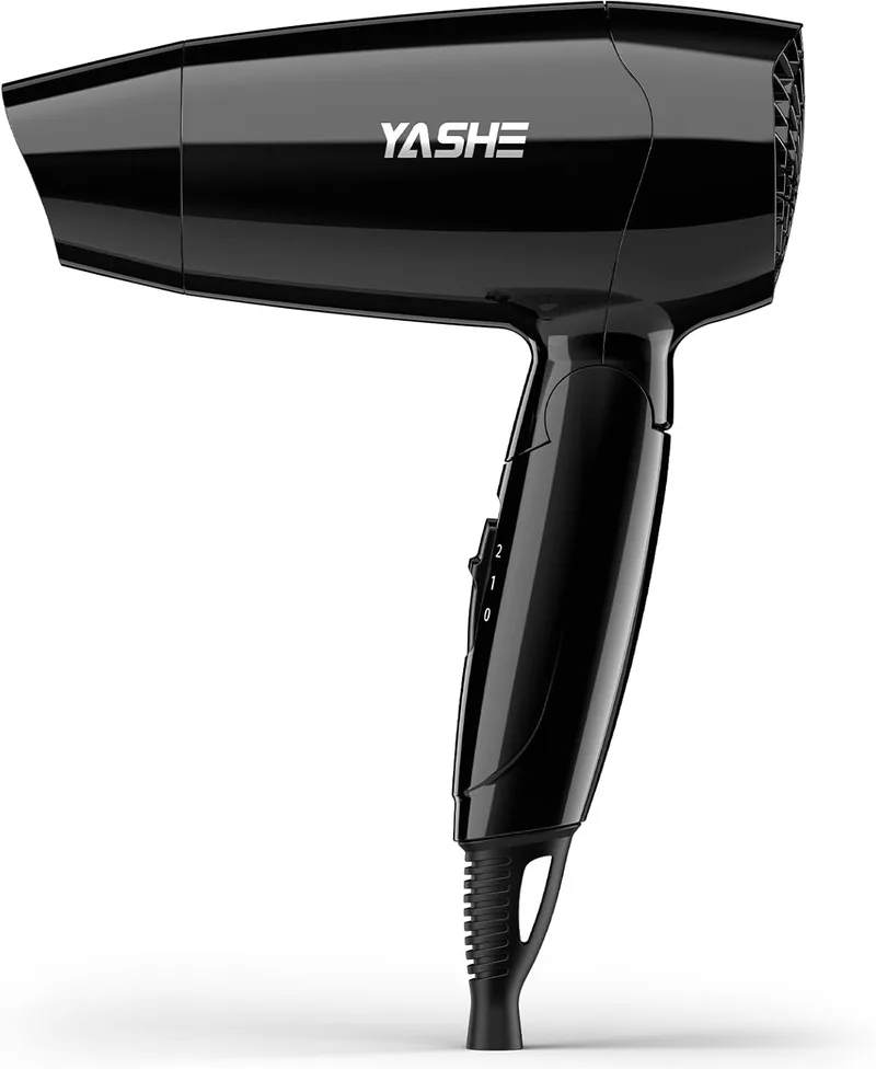 YASHE ▫️ Secador de Cabelo Dobrável 1200W Compacto com 2 Níveis de Calor e Velocidade, Bocal de Precisão, Cabo de 1,8 m, Gancho para Pendurar, Leve para Viagem, Casa, Hotel ou Residência, Preto