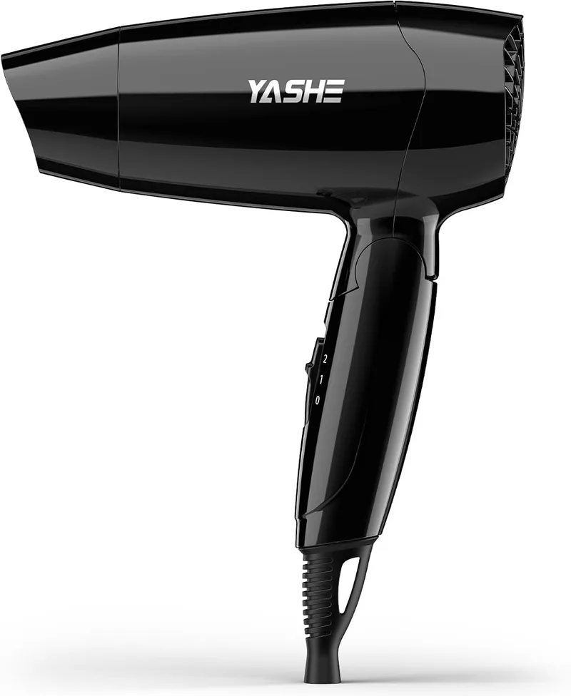 YASHE ▫️ Secador de cabelo dobrável 1200 W, compacto, com 2 níveis de calor e velocidade, bocal de precisão, cabo de 1,8 m, gancho para pendurar, leve, ideal para viagens, uso doméstico, hotéis ou residências, preto