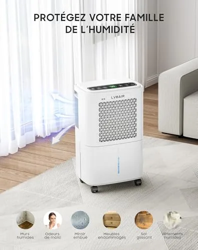 LVBAIR ▫️ Desumidificador elétrico de 12 l/dia, desumidificador potente, poupança de energia, portátil, 3 modos e controlo inteligente da humidade, desumidificador elétrico 2