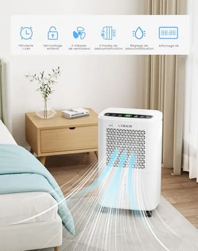 LVBAIR ▫️ Desumidificador elétrico de 12 l/dia, desumidificador potente, poupança de energia, portátil, 3 modos e controlo inteligente da humidade, desumidificador elétrico 3
