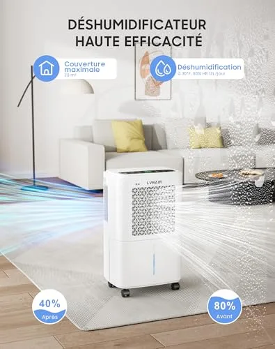 LVBAIR ▫️ Desumidificador elétrico de 12 l/dia, desumidificador potente, poupança de energia, portátil, 3 modos e controlo inteligente da humidade, desumidificador elétrico 4