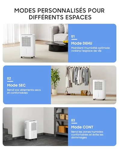 LVBAIR ▫️ Desumidificador elétrico de 12 l/dia, desumidificador potente, poupança de energia, portátil, 3 modos e controlo inteligente da humidade, desumidificador elétrico 5