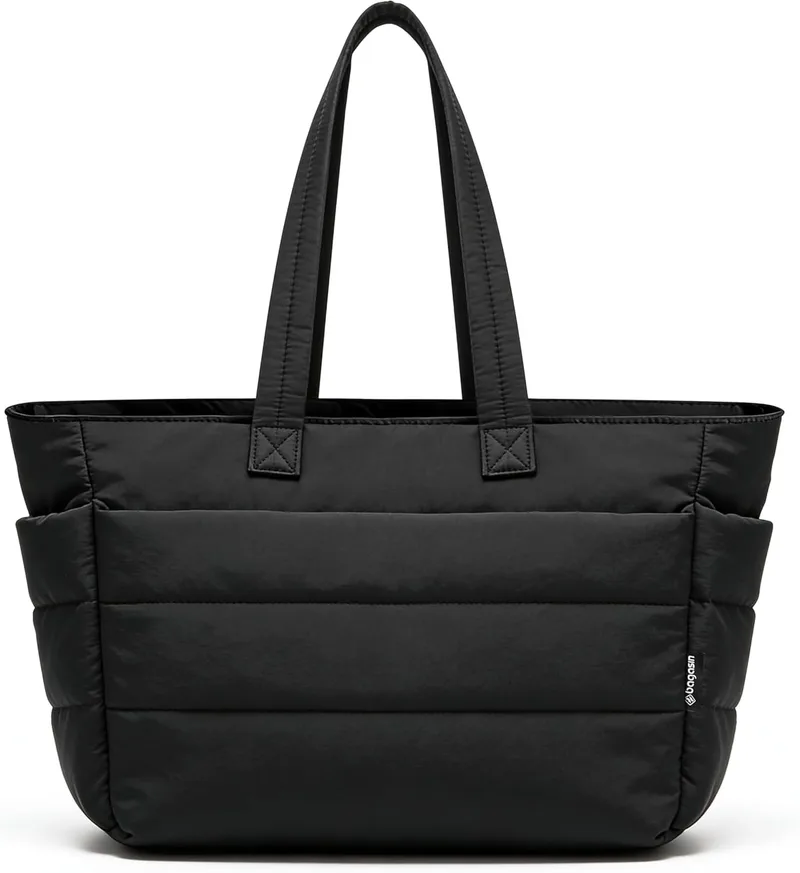 bagasin ▫️ Mala de Mão para Mulher, Mala Grande Tipo Shopper com Alça de Ombro, Compartimentos e Fecho de Corrente, Mala para Computador para o Trabalho, Viagens, Desporto, Verão (Preto e Bege)