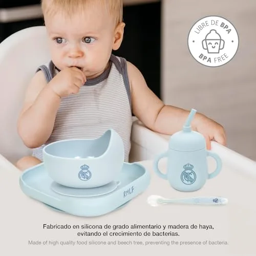 Interbaby ▫️ Conjunto de louça infantil de 4 peças em silicone, Real Madrid, azul | Prato, taça, colher e caneca | Adequado para micro-ondas e máquina de lavar louça | Sem BPA 6