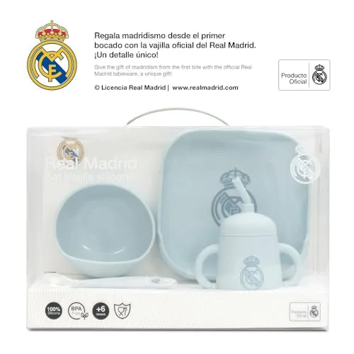 Interbaby ▫️ Conjunto de louça infantil de 4 peças em silicone, Real Madrid, azul | Prato, taça, colher e caneca | Adequado para micro-ondas e máquina de lavar louça | Sem BPA 7