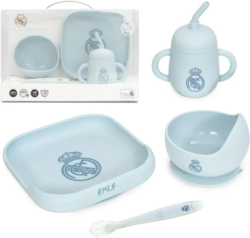Interbaby ▫️ Conjunto de louça infantil de 4 peças em silicone, Real Madrid, azul | Prato, taça, colher e caneca | Adequado para micro-ondas e máquina de lavar louça | Sem BPA