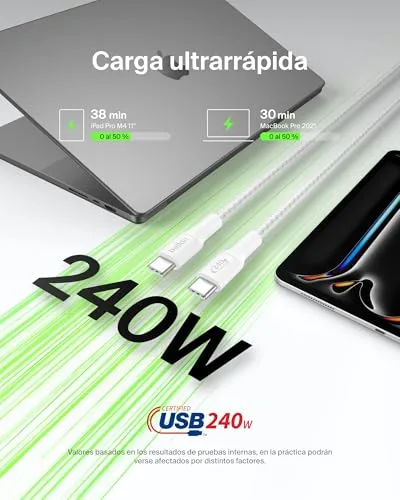 Belkin ▫️ Cabo trançado Eco C a C de 2 m e 240 W, carregamento rápido, macio e flexível para iPhone 16, Galaxy S25, Pixel 9, MacBook, iPad Pro - Branco 2