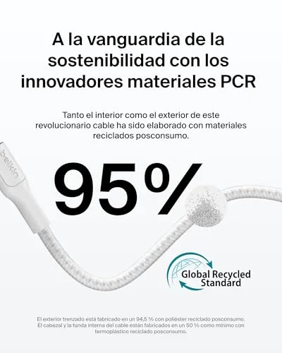 Belkin ▫️ Cabo trançado Eco C a C de 2 m e 240 W, carregamento rápido, macio e flexível para iPhone 16, Galaxy S25, Pixel 9, MacBook, iPad Pro - Branco 3