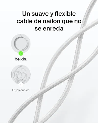 Belkin ▫️ Cabo trançado Eco C a C de 2 m e 240 W, carregamento rápido, macio e flexível para iPhone 16, Galaxy S25, Pixel 9, MacBook, iPad Pro - Branco 5