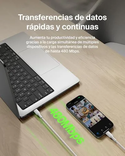 Belkin ▫️ Cabo trançado Eco C a C de 2 m e 240 W, carregamento rápido, macio e flexível para iPhone 16, Galaxy S25, Pixel 9, MacBook, iPad Pro - Branco 6