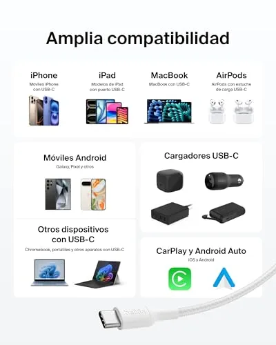 Belkin ▫️ Cabo trançado Eco C a C de 2 m e 240 W, carregamento rápido, macio e flexível para iPhone 16, Galaxy S25, Pixel 9, MacBook, iPad Pro - Branco 7
