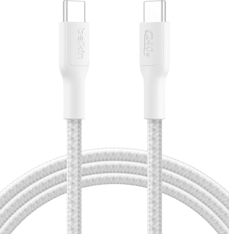Belkin ▫️ Cabo trançado Eco C a C de 2 m e 240 W, carregamento rápido, macio e flexível para iPhone 16, Galaxy S25, Pixel 9, MacBook, iPad Pro - Branco
