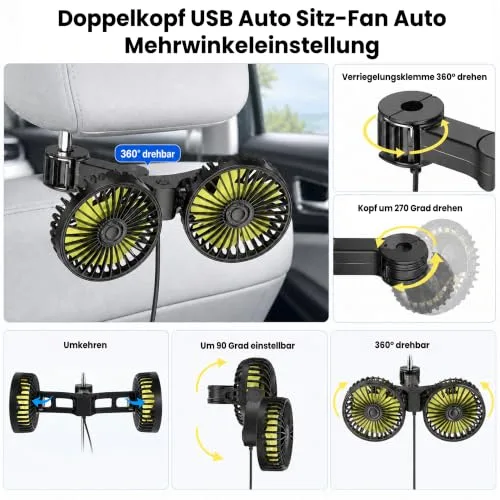 ZOBMIO ▫️ Z0BMIO Ventilador de carro para o banco traseiro de 12 V, com duas cabeças, para encosto de cabeça do carro, ventilador compacto de 12 V, com refrigeração potente e silenciosa, ventilador USB giratório a 360° 3
