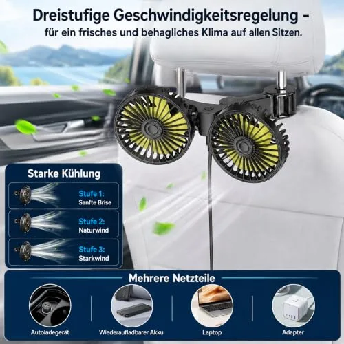 ZOBMIO ▫️ Z0BMIO Ventilador de carro para o banco traseiro de 12 V, com duas cabeças, para encosto de cabeça do carro, ventilador compacto de 12 V, com refrigeração potente e silenciosa, ventilador USB giratório a 360° 6