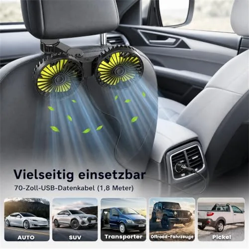 ZOBMIO ▫️ Z0BMIO Ventilador de carro para o banco traseiro de 12 V, com duas cabeças, para encosto de cabeça do carro, ventilador compacto de 12 V, com refrigeração potente e silenciosa, ventilador USB giratório a 360° 7
